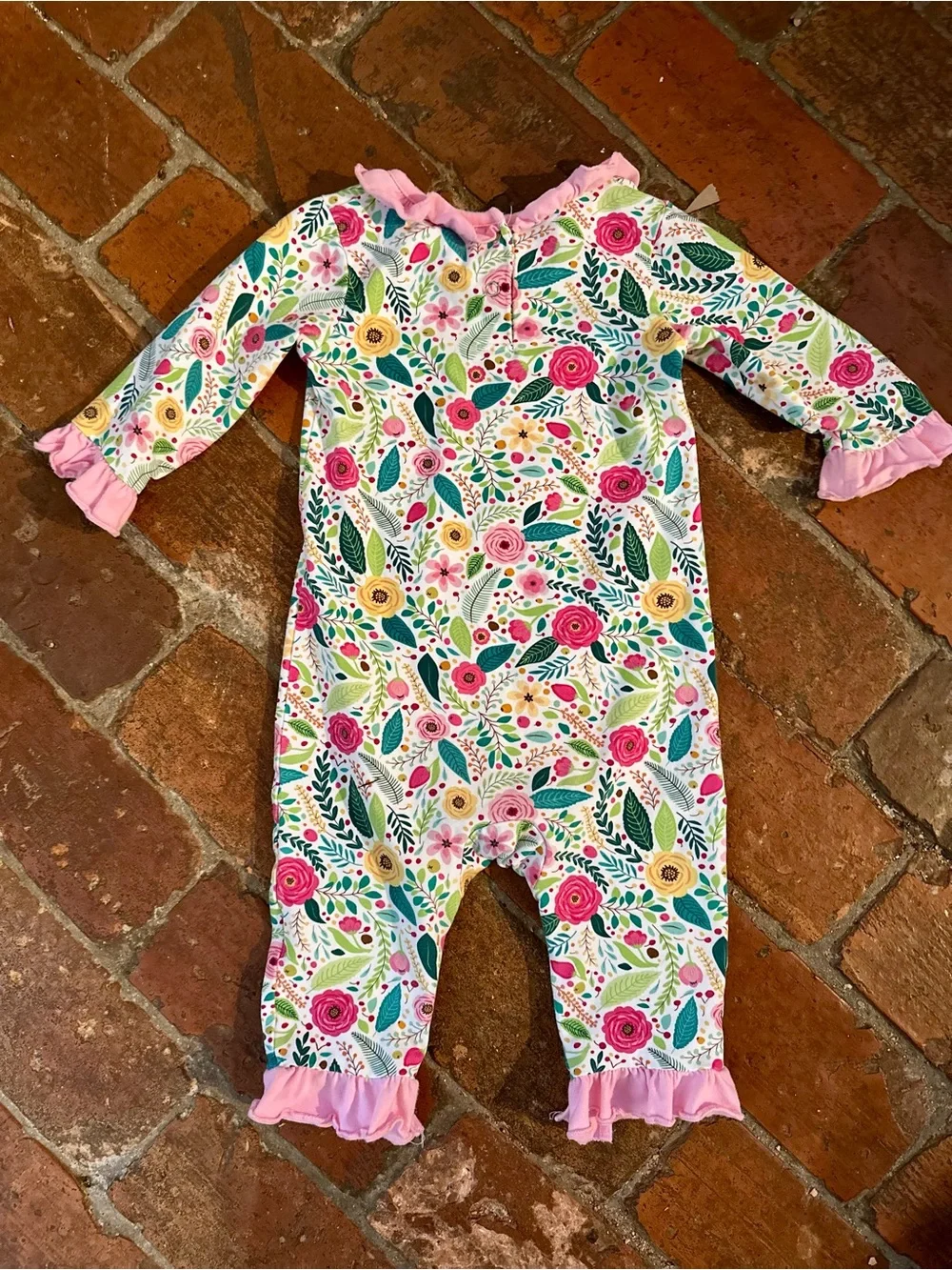 Stitchy Fish Baby Girl Floral One-Piece Romper with Pink Ruffle Trim, Size 12 Mo